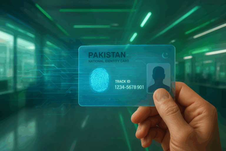 A hand holding a transparent Pakistani national ID card with a glowing blue biometric fingerprint and tracking code, representing NADRA’s online tracking system.