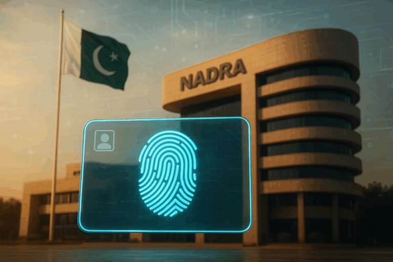 Cinematic image of NADRA building with glowing digital ID card and biometric fingerprint, representing Pakistan’s digital succession certificate service